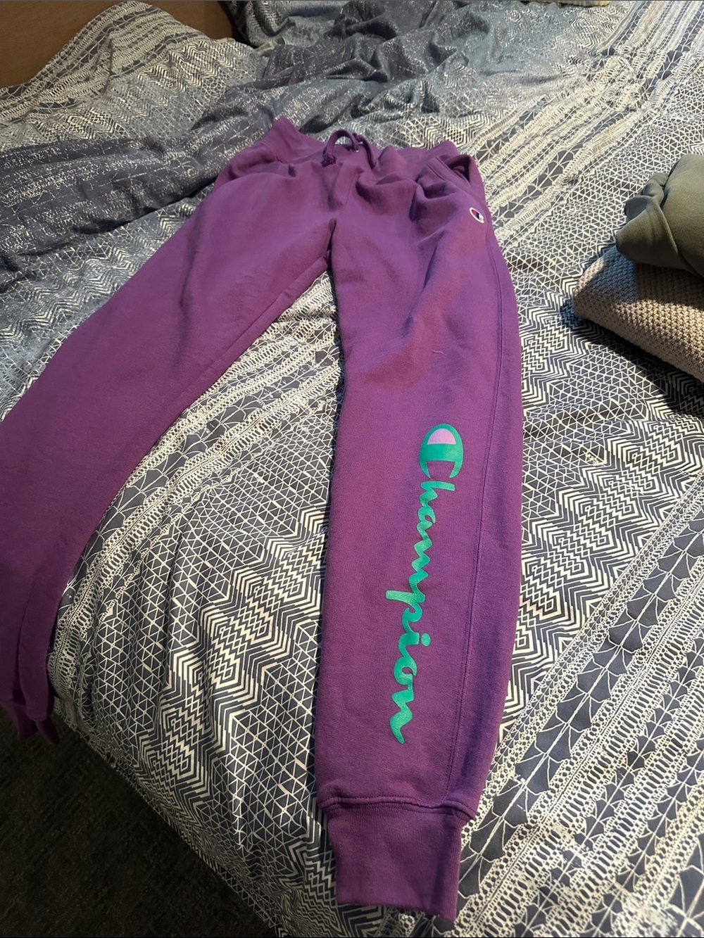 Champion Purple Kids Joggers with Teal Script Logo